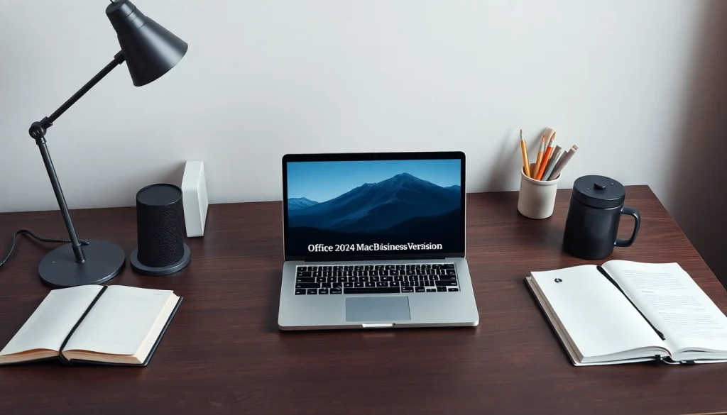 Arbeiten Sie effizient mit der Office 2024 Mac Business Version auf einem stilvollen Schreibtisch.