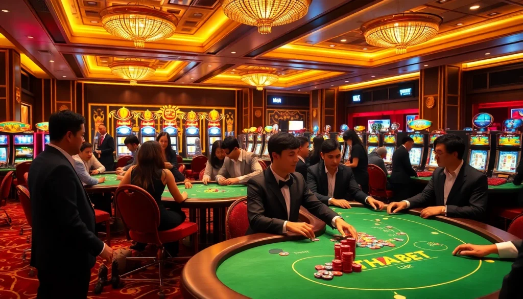 Players enjoying a thrilling gaming experience at THABET casino, surrounded by vibrant slot machines and poker tables.