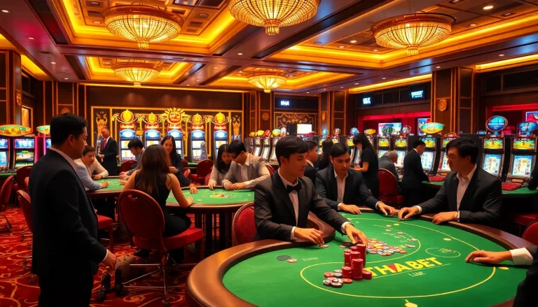 Players enjoying a thrilling gaming experience at THABET casino, surrounded by vibrant slot machines and poker tables.