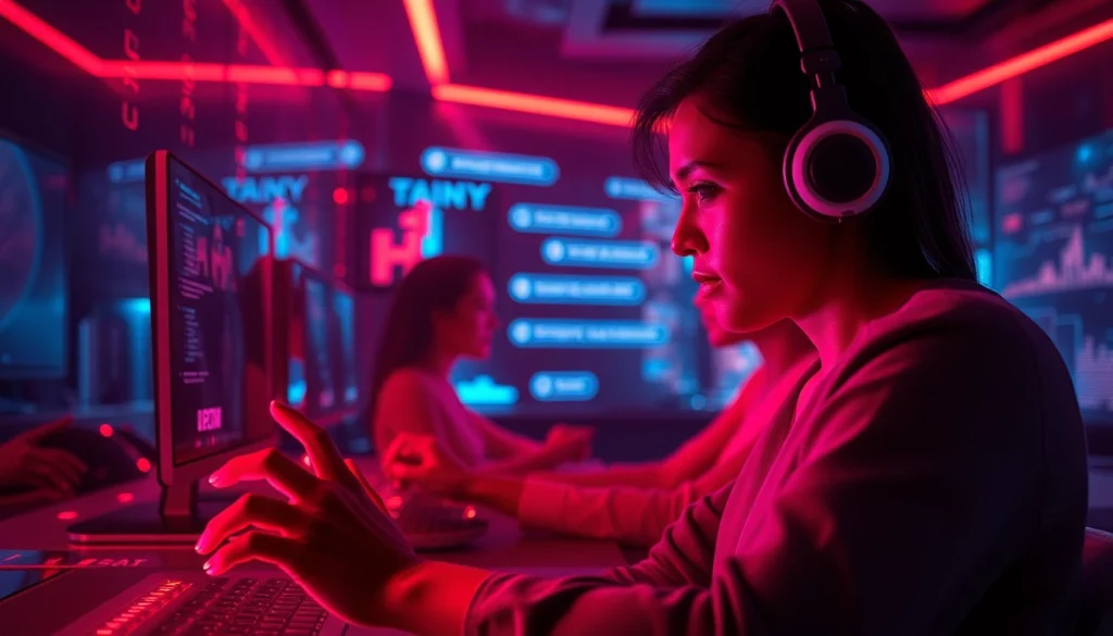 Engaging scene of users enjoying ai porn chat in a futuristic digital environment.