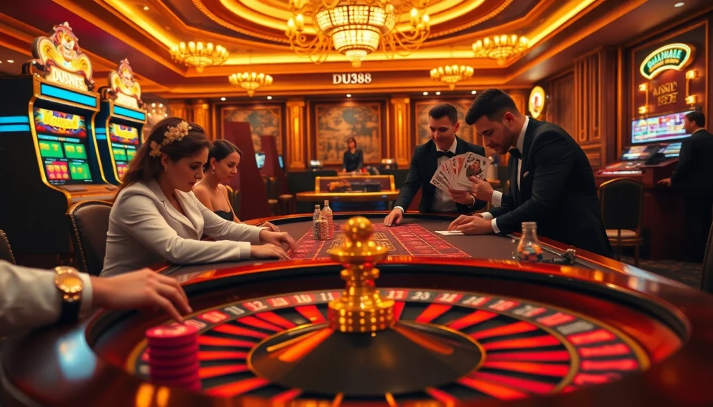 Experience the thrilling DU388 poker game with vibrant chips and an elegant casino backdrop.