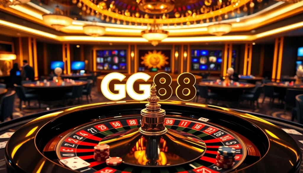 Experience the thrill of gambling at GG88 with vibrant casino tables and illuminated roulette wheels.