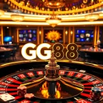 Experience the thrill of gambling at GG88 with vibrant casino tables and illuminated roulette wheels.