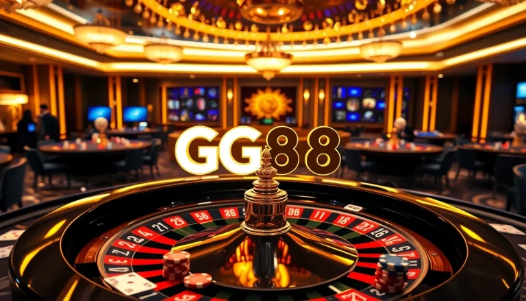 Experience the thrill of gambling at GG88 with vibrant casino tables and illuminated roulette wheels.