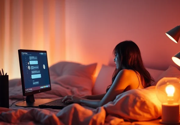 AI chat sex conversation in a cozy digital environment with a modern computer interface.