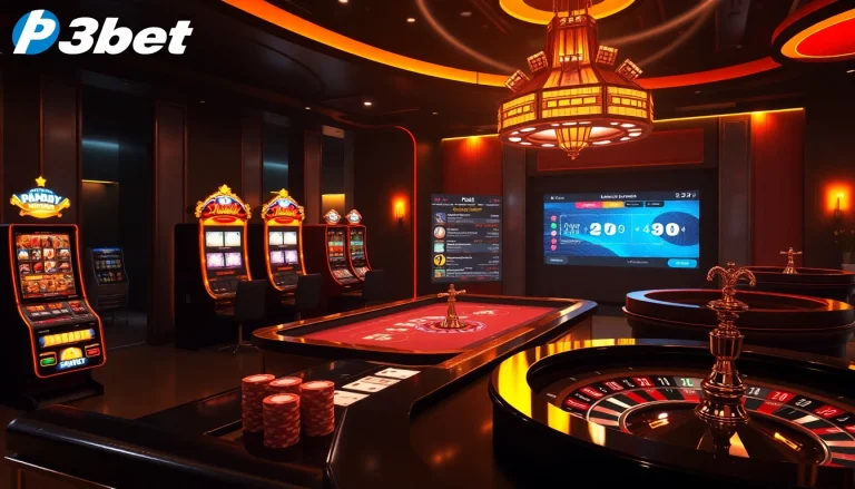 P3bet interactive online casino showcasing vibrant slot machines and roulette wheels.