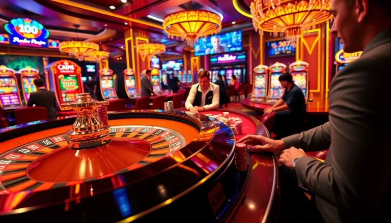 Exciting SV388 casino scene featuring roulette, poker chips, and slot machines.