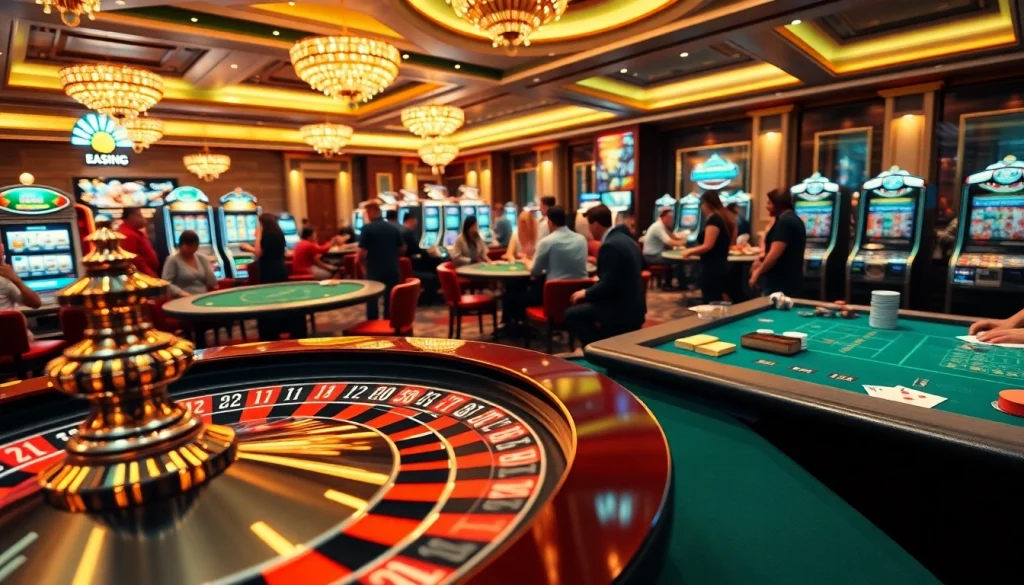Players enjoying a lively game scene at https://topclub.site/ with roulette, cards, and vibrant ambience.