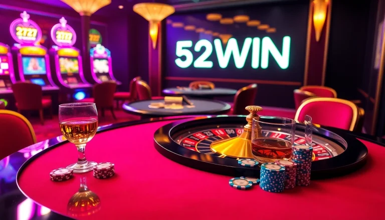 Players enjoy excitement at the luxurious 52WIN casino roulette table amidst vibrant game action.