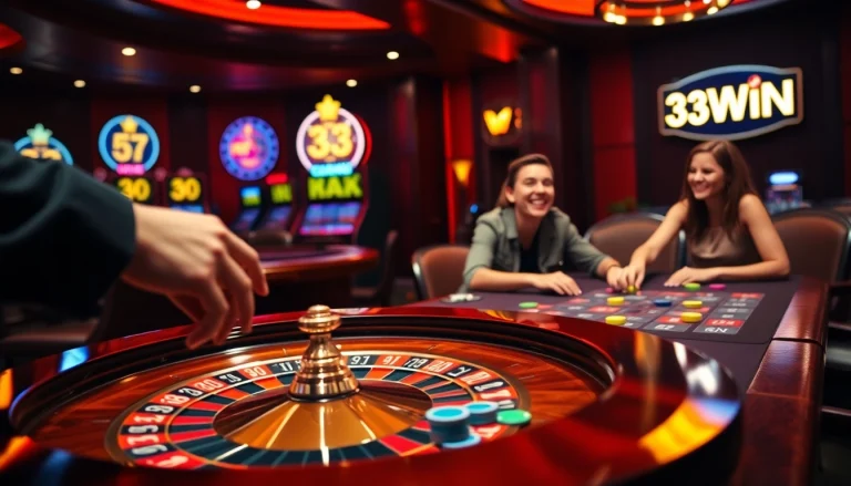33WIN betting excitement at a luxury casino table with vibrant chips and enthusiastic players.