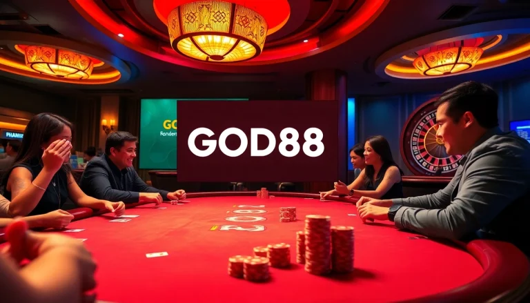 Players enjoying an intense poker game at GOOD88 casino, showcasing excitement and strategy.