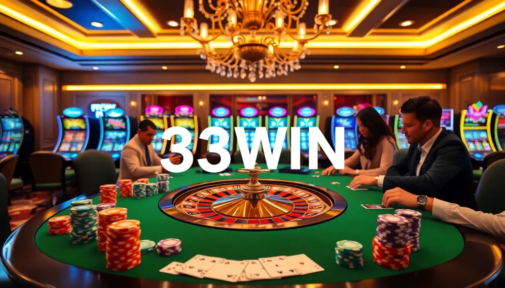 Players enjoying a luxurious gambling experience at the 33WIN casino with roulette and poker chips.