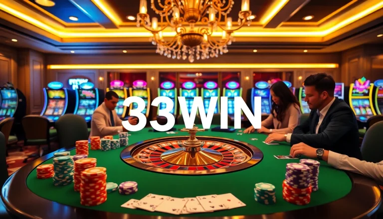 Players enjoying a luxurious gambling experience at the 33WIN casino with roulette and poker chips.