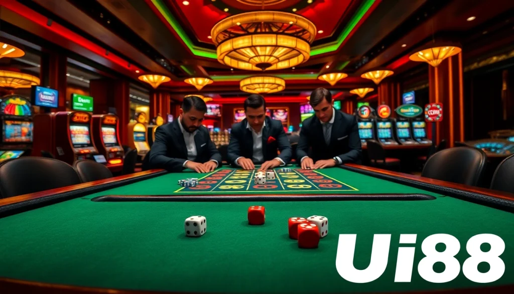 Players enjoying a thrilling poker game at an upscale UU88 casino, emphasizing excitement and luxury.
