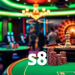 Engage with s8 at a vibrant casino, featuring poker chips, tables, and a thrilling atmosphere.