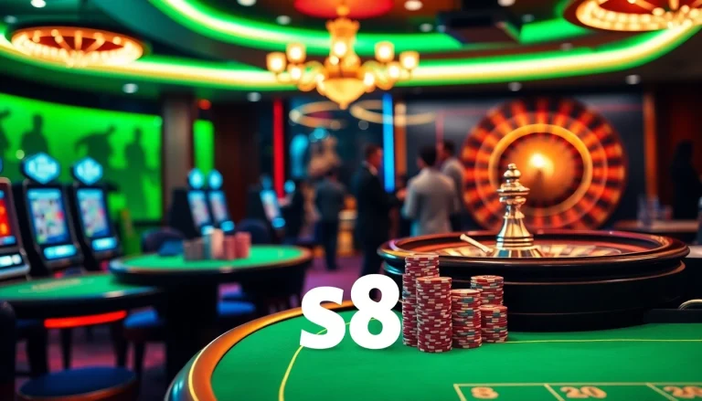 Engage with s8 at a vibrant casino, featuring poker chips, tables, and a thrilling atmosphere.