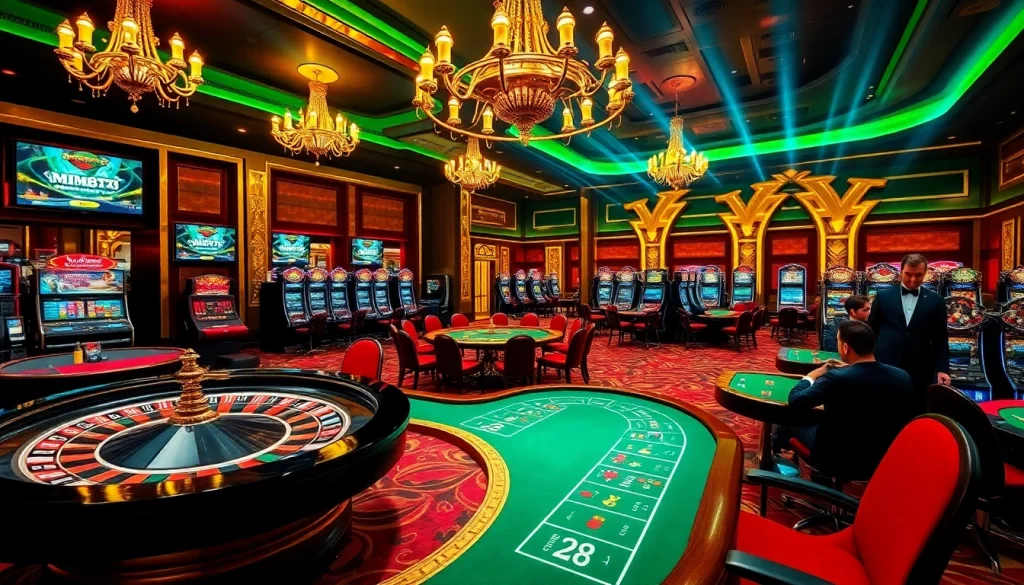 HM88 casino scene showcasing vibrant roulette tables and high-stakes poker games in a luxurious setting.