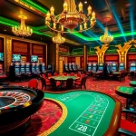 HM88 casino scene showcasing vibrant roulette tables and high-stakes poker games in a luxurious setting.