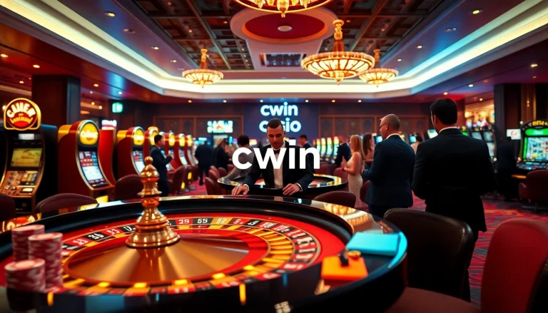 Cwin-themed luxurious casino scene featuring players at a roulette table and vibrant gaming elements.