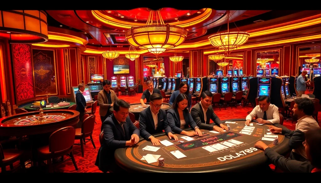 DOLA789 casino scene with gamblers enjoying games and vibrant betting atmosphere.