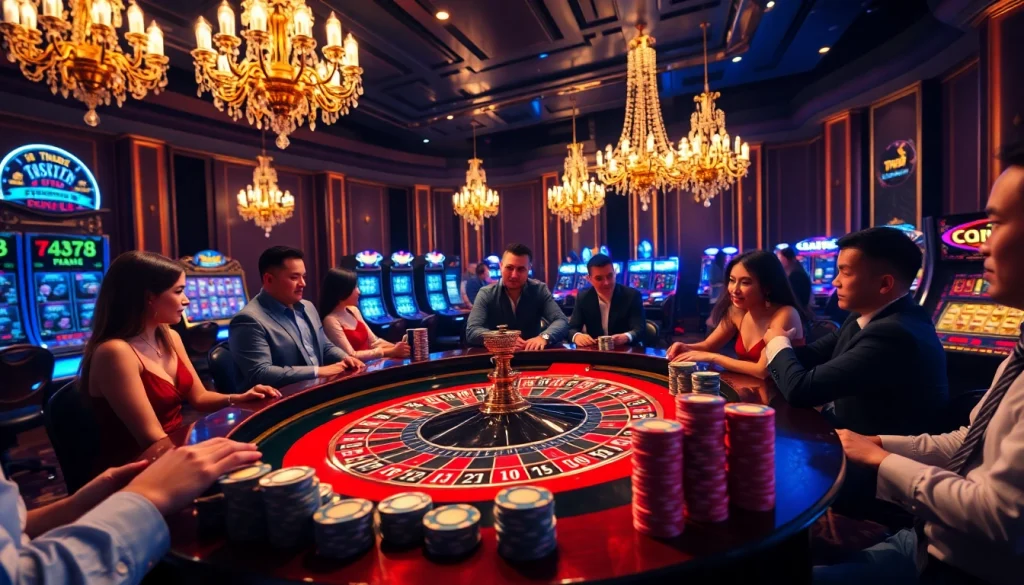 Players enjoying a thrilling roulette game at a glamorous casino, representing tr88's exciting gambling experience.