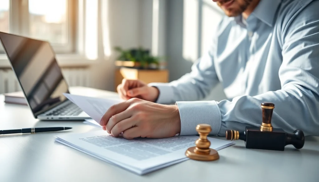 Professioneller beeigdeter Übersetzer, der juristische Dokumente in einem ruhigen Büro übersetzt.