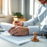 Professioneller beeigdeter Übersetzer, der juristische Dokumente in einem ruhigen Büro übersetzt.