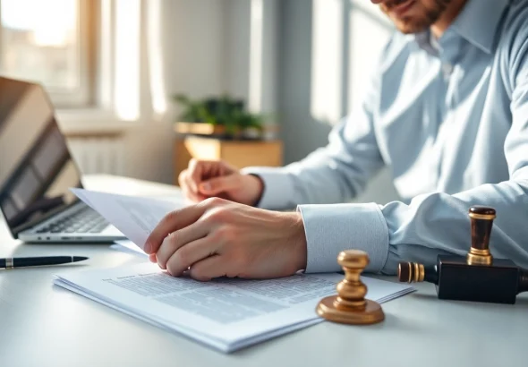 Professioneller beeigdeter Übersetzer, der juristische Dokumente in einem ruhigen Büro übersetzt.