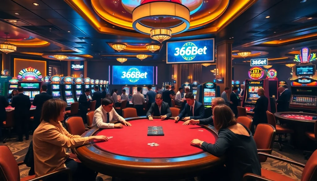 Engaged players at the luxurious 368BET casino, enjoying poker and slot machines.