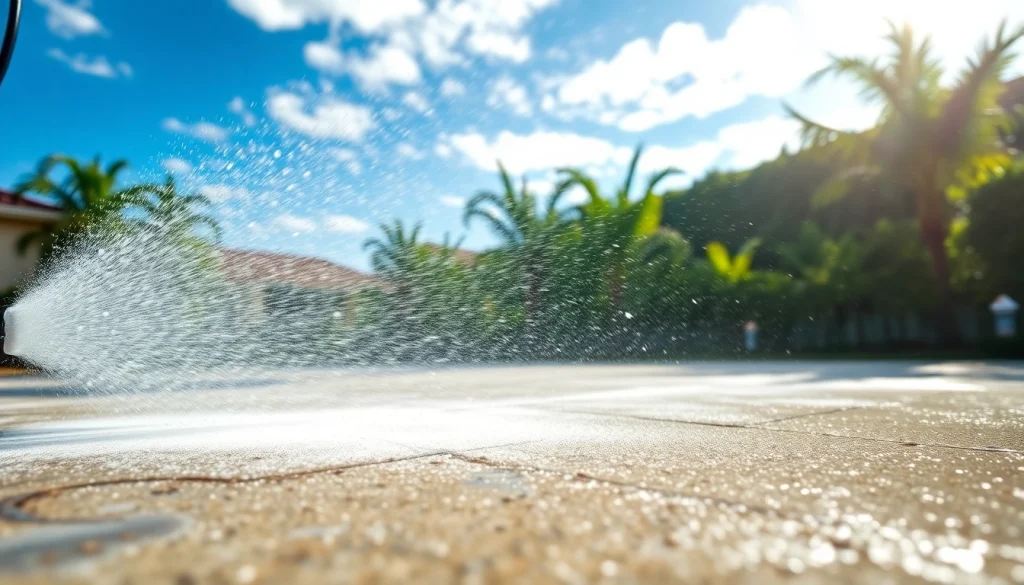 Concrete cleaning in Kissimmee, FL, showcasing a professional pressure washer removing stains from a driveway.