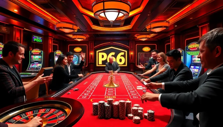 Players enjoying a thrilling gaming experience at PG66 casino table with vibrant chips and cards.
