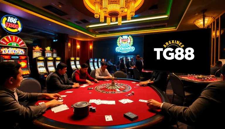 Gambling excitement at TG88 casino with poker, roulette, and slot machines.