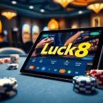 Luck8 online gambling interface showcased on a luxurious casino table with vibrant chips and cards.
