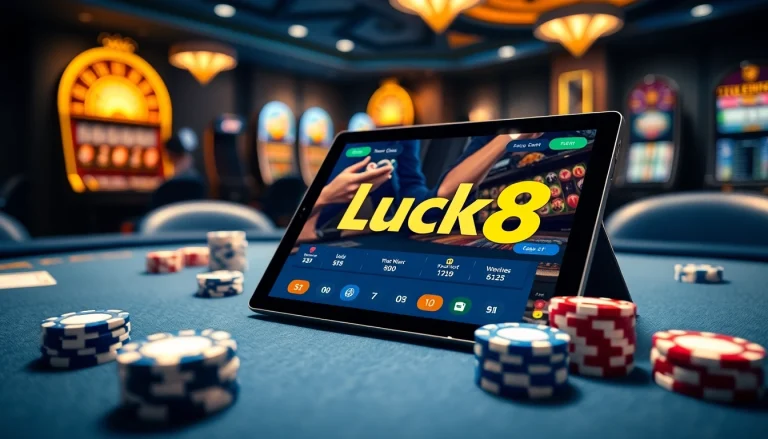 Luck8 online gambling interface showcased on a luxurious casino table with vibrant chips and cards.
