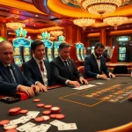 S8 blackjack table scene showcasing excitement and professional gamblers at a luxurious casino.