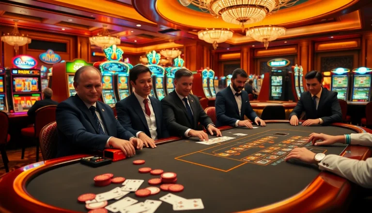 S8 blackjack table scene showcasing excitement and professional gamblers at a luxurious casino.