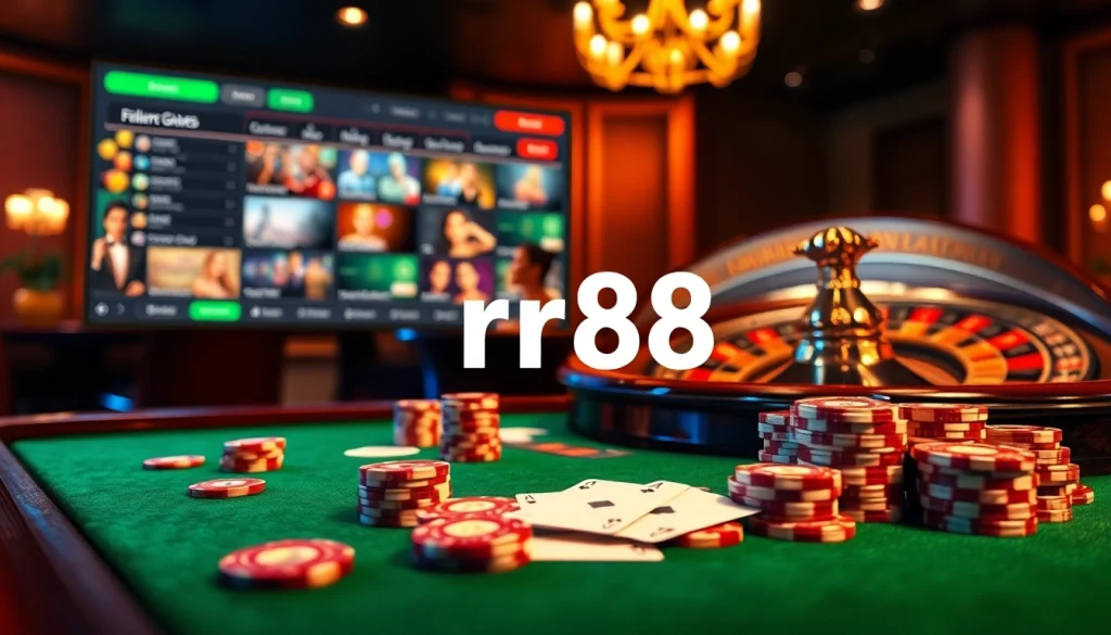 rr88 players enjoying a thrilling game at a high-stakes casino table with vibrant colors.