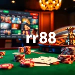 rr88 players enjoying a thrilling game at a high-stakes casino table with vibrant colors.