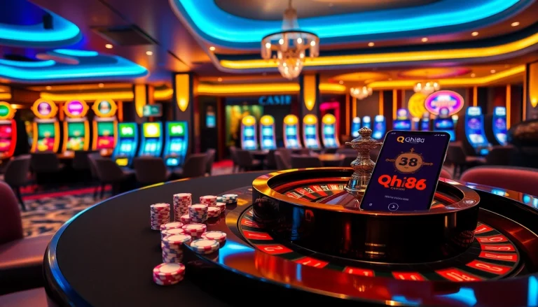 Engaging players at qh88 casino table with vibrant poker chips and roulette wheel.