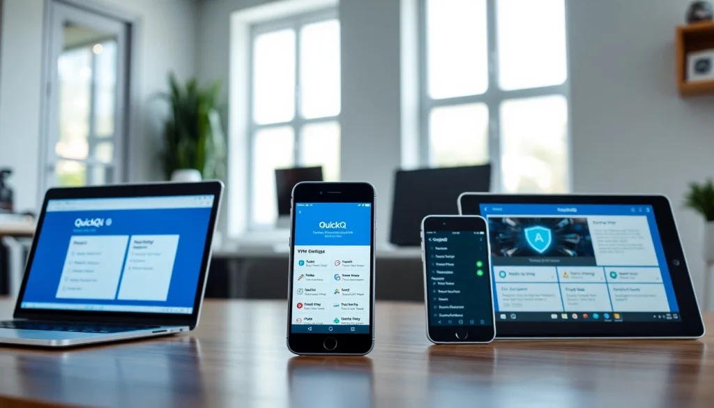 在现代家庭办公室的多台设备上显示的 QuickQ VPN 界面，展示其安全功能。