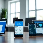 在现代家庭办公室的多台设备上显示的 QuickQ VPN 界面，展示其安全功能。