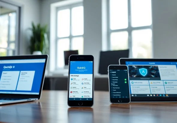在现代家庭办公室的多台设备上显示的 QuickQ VPN 界面，展示其安全功能。