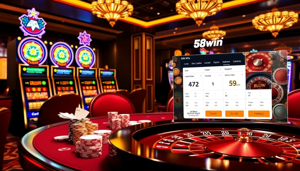 A vibrant casino scene with poker chips and a roulette wheel at 58win, showcasing an exciting betting environment.