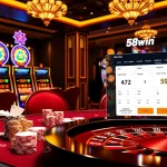 A vibrant casino scene with poker chips and a roulette wheel at 58win, showcasing an exciting betting environment.