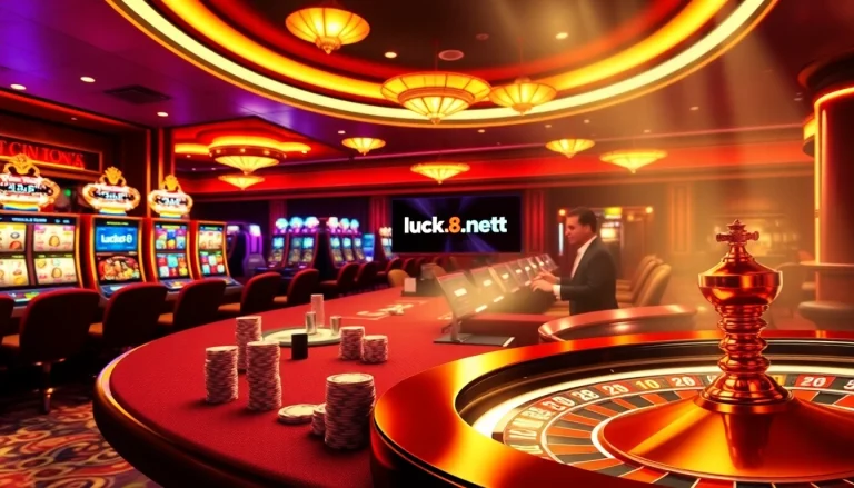 Trải nghiệm sự phấn khích tại https://luck8.net với người chia bài đang xử lý bài và bánh xe roulette đang quay.