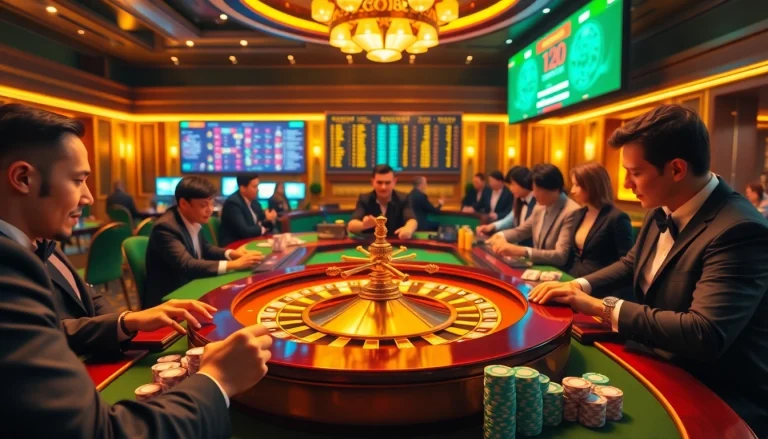 Go88 online gaming experience with players at a vibrant roulette table, capturing the excitement and luxury of casino nightlife.