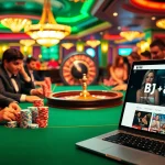 Players enjoying a thrilling poker game at a BJ38 casino table, showcasing vibrant excitement.