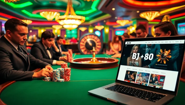 Players enjoying a thrilling poker game at a BJ38 casino table, showcasing vibrant excitement.