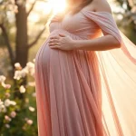 Schwangerschaftsfotografie mit einer schwangeren Frau in einer blühenden Naturumgebung.