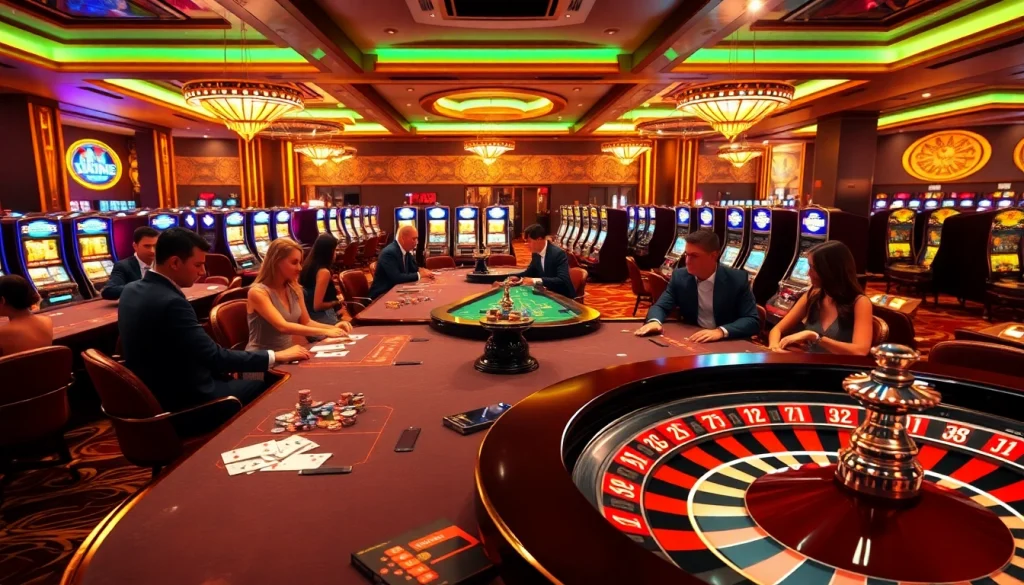 Experience a vibrant casino night at https://luck8.plus/ with players engaged at blackjack and roulette tables.